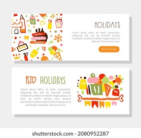 Fun and Holiday Bright Web Banner with Doodle Cake and Elements Vector Hand Drawn Template