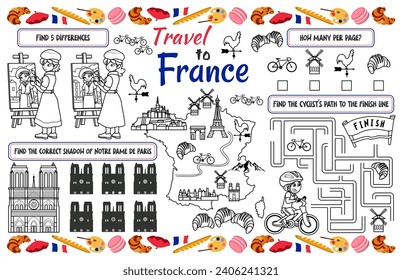 A fun holiday placemat for kids. Print out the “Travel to France” activity sheet with a labyrinth, find the differences, and find the same ones. 17x11 inch printable vector file