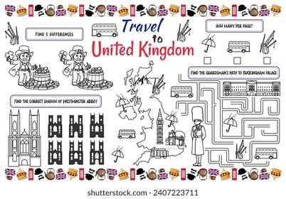 A fun holiday placemat for kids. Print out the “Travel to United Kingdom” activity sheet with a labyrinth, find the differences, and find the same ones. 17x11 inch printable vector file