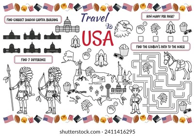 A fun holiday placemat for kids. Print out the “Travel to USA” activity sheet with a labyrinth, find the differences, and find the same ones. 17x11 inch printable vector file	