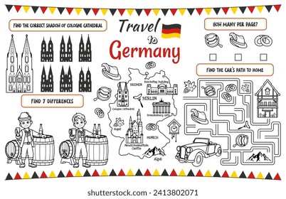 Una servilleta de vacaciones divertida para los niños. Imprimir la alfombra "Viajar a Alemania" con un laberinto, encontrar las diferencias y encontrar las mismas. archivo vectorial de 17x11 pulgadas imprimible	