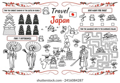 Una servilleta de vacaciones divertida para los niños. Imprimir la alfombra "Viajar a Japón" con un laberinto, encontrar las diferencias y encontrar las mismas. archivo vectorial de 17x11 pulgadas imprimible