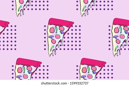 Fun holographic pizza slice and dots seamless pattern vector art.