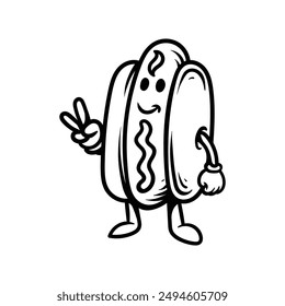 fun hotdog character line art style sketch classic vintage design illustration