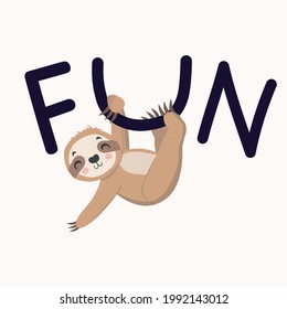 Fun, humorous and cute sloth character vector illustration for kids.Illustration for nursery design, poster, greeting, birthday card, baby shower and party.