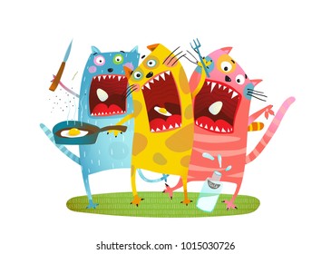 Fun Hungry Cats Animals Eating Eggs. Crazy Cats Feeding Colorful Animals Cartoon. Vector Illustration.