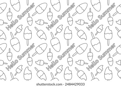 Fun ice cream pattern coloring page with Hello Summer text. Perfect for kids and adults to enjoy and relax with creative fun.