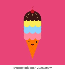Fun Ice cream in waffle cones with chocolate and cherry in simple style. Dessert in kawaii style with smiling faces and winking eyes