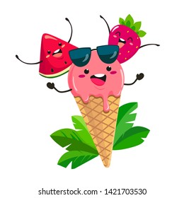 Fun ice cream with watermelon and strawberry in a cartoon style. Vector isolate on white background
