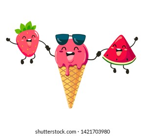 Fun ice cream with watermelon and strawberry in a cartoon style. Vector isolate on white background