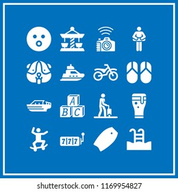 fun icon. 16 fun vector set. speedboat, tourist, skateboard and photo camera icons for web and design about fun theme