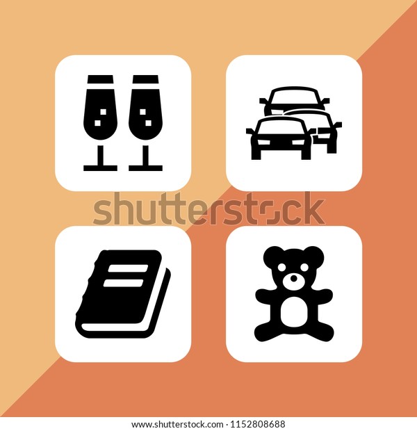 fun icon. 4 fun set with\
toy, school, car and birthday and party vector icons for web and\
mobile app