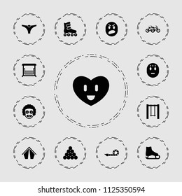 Fun icon. collection of 13 fun filled icons such as biliard triangle, ice skate, clown, family bicycle, tent, swing, party pipe. editable fun icons for web and mobile.