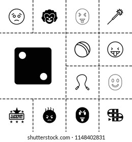 Fun icon. collection of 13 fun filled and outline icons such as dice, jackpot, angry emot, ball, sparklers, sad emot, skipping rope. editable fun icons for web and mobile.