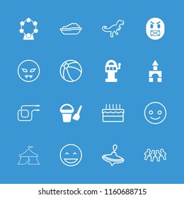 Fun icon. collection of 16 fun filled and outline icons such as bucket toy for beach, slot machine, beach ball, whirligig, baby bath. editable fun icons for web and mobile.