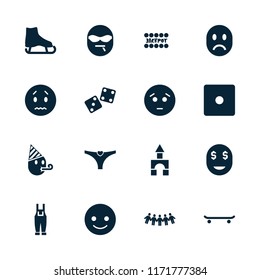 Fun icon. collection of 16 fun filled icons such as dice, smiling emot, sad emot, ice skate, gardener jumpsuit, skating, toy tower. editable fun icons for web and mobile.