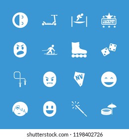 Fun icon. collection of 16 fun filled icons such as jackpot, laughing emot, emo emot, skiing, roller skate, kick scooter, vegas, dice. editable fun icons for web and mobile.