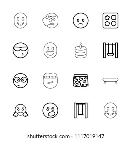 Fun icon. collection of 16 fun outline icons such as from toy for beach, sad emot, cool emot in sunglasses, nerd emoji, swing. editable fun icons for web and mobile.