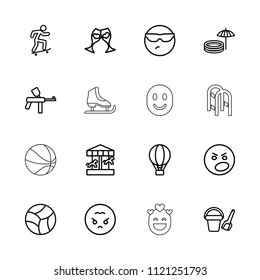 Fun icon. collection of 16 fun outline icons such as bucket toy for beach, cool emot in sunglasses, angry emot, angry emoji, paintball. editable fun icons for web and mobile.