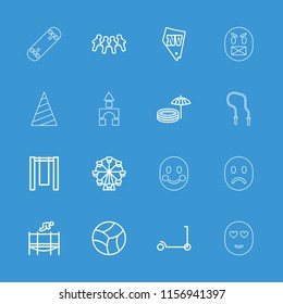 Fun icon. collection of 16 fun outline icons such as kick scooter, vegas, children, swing, ferris wheel, trampoline. editable fun icons for web and mobile.