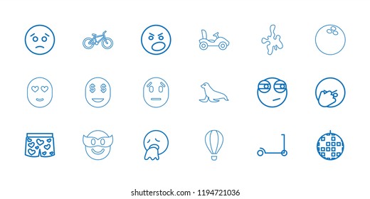 Fun icon. collection of 18 fun outline icons such as kick scooter, sad emot, vomiting emot, rolling eyes emoji, disco ball. editable fun icons for web and mobile.