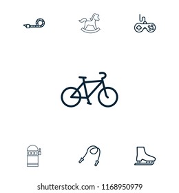 Fun icon. collection of 7 fun outline icons such as joystick, skipping rope, party pipe, ice skate, bicycle, slot machine. editable fun icons for web and mobile.