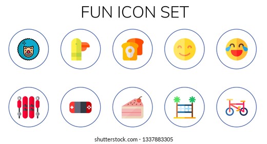 fun icon set. 10 flat fun icons.  Collection Of - clown, ski, duck, gamepad, toast, cake slice, happy, volleyball net, laughing, bicycle