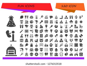  fun icon set. 120 filled fun icons. Simple modern icons about  - Party hat, Cake, Amusement park, Cotton candy, Champagne, Gummy, Kite, Magic, Water gun, Toad, Duck, Bee, Sandals