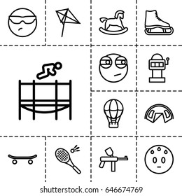 Fun icon. set of 13 outline funicons such as horse toy, kite, trampoline, badminton, skateboard, cool emot in sunglasses, sweating emot, rolling eyes emoji, slot machine