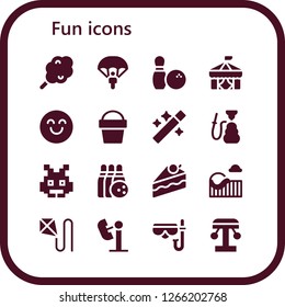  fun icon set. 16 filled fun icons. Simple modern icons about  - Cotton candy, Parachute, Bowling, Circus, Happy, Sand bucket, Wand, Hookah, Space invaders, Cake, Roller coaster