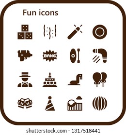 fun icon set. 16 filled fun icons.  Simple modern icons about  - Dice, Confetti, Magic,  Water gun, Comic, Kayak, Boomerang, Magician, Birthday cake, Sea lion, Balloons