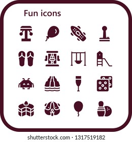 fun icon set. 16 filled fun icons.  Collection Of - Amusement park, Balloon, Skateboard, Joystick, Sandals, Roller coaster, Swing, Playground, Space invaders, Slide, Champagne
