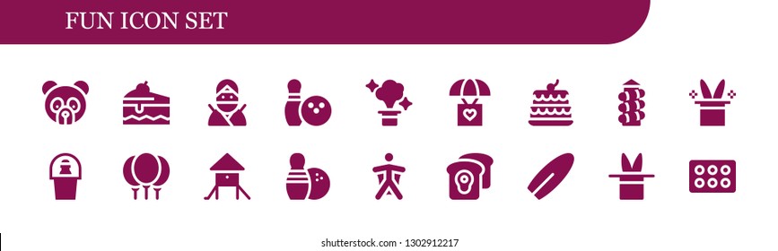  fun icon set. 18 filled fun icons.  Simple modern icons about  - Panda bear, Cake, Ninja, Bowling, Magic, Parachute, Slide, Magic hat, Champagne, Balloons, Playground, Wingsuit