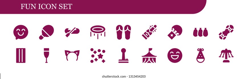 fun icon set. 18 filled fun icons.  Simple modern icons about  - Happy, Table tennis, Kayak, Trampoline, Sandals, Champagne, Parachute, Balloons, Snowboard, Inflatable, Headband