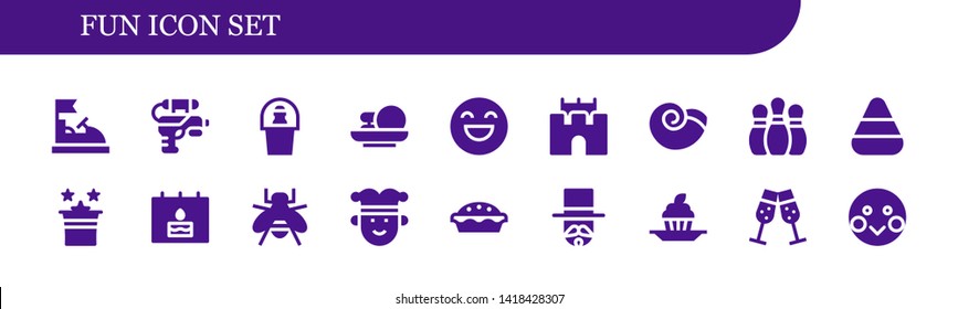 fun icon set. 18 filled fun icons.  Collection Of - Bumper car, Water gun, Champagne, Cakes, Happy, Sand castle, Winkle, Bowling pins, Candy corn, Magic, Birthday, Bee, Joker
