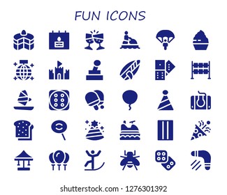  fun icon set. 30 filled fun icons. Simple modern icons about  - Cake, Birthday, Toast, Jet ski, Parachute, Cupcake, Mirror ball, Sand castle, Joystick, Surfboard, Domino, Dice