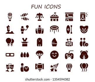 fun icon set. 30 filled fun icons.  Simple modern icons about  - Hot air balloon, Candy, Carousel, Circus, Claw machine, Selfie, Joystick, Balloon, Beer pong, Trampoline, Kayak