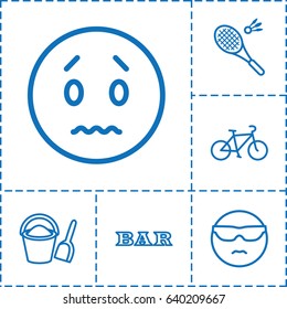 Fun icon. set of 6 fun outline icons such as bar, badminton, bicycle, bucket and shovel, sad emot