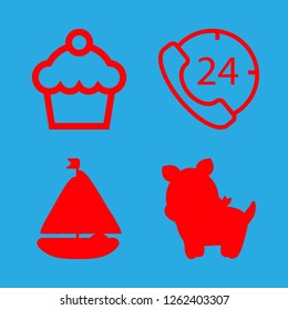 fun icon set about cupcake, hours, dog and boat vector set