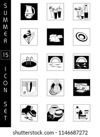 Fun icon set about summer, summertime, beach, food etc.  Vector illustration.