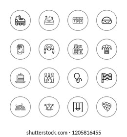 Fun icon set. collection of 16 outline fun icons with balloon, balloons, cake slice, cake, bowling, gambler, gamer, joker, mermaid, rainbow, poop, skipping rope icons.