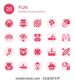 fun icon set. Collection of 20 filled fun icons included Beach ball, Magician, Holi, Pinwheel, Blocked, Trampoline, Hot air balloon, Gamepad, Rowing, Skipping rope, Kite, Panda
