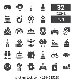 fun icon set. Collection of 32 filled fun icons included Magic trick, Birthday card, Gamepad, Magic, Balloon, Sad, Armadillo, Tricycle, Party hat, Patch, Cake slice, Champagne