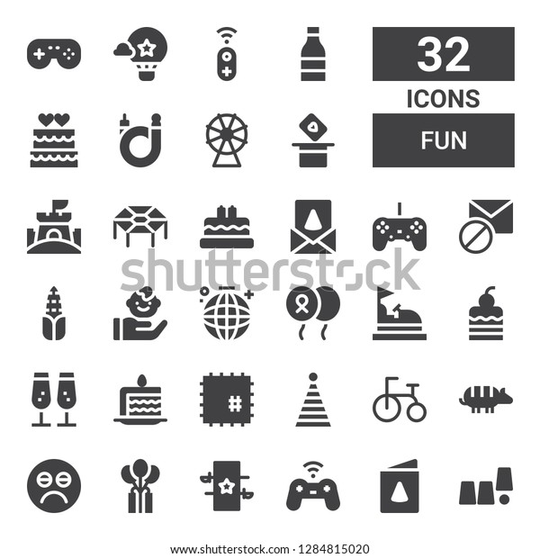 fun icon set.\
Collection of 32 filled fun icons included Magic trick, Birthday\
card, Gamepad, Magic, Balloon, Sad, Armadillo, Tricycle, Party hat,\
Patch, Cake slice,\
Champagne