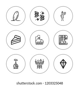 Fun icon set. collection of 9 outline fun icons with cake, confetti, expresso, kite, paintball, pensive, surfboard, roller skate icons. editable icons.