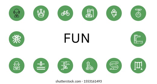 fun icon set. Collection of Hippie, Hookah, Bicycle, Golfer, Flower bouquet, Swing, Waterpark, Zip line, Slide, Bee, Trampoline icons