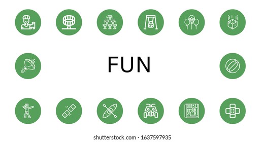 fun icon set. Collection of Roller skate, Round up ride, Champagne, Swing, Balloon, Dice, Dab, Dominoes, Kayak, All terrain, Children, Patch, Bouquet, Beach ball icons