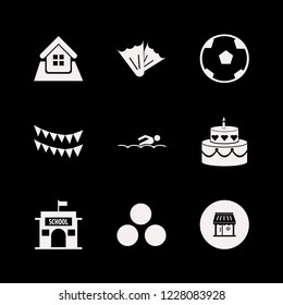 fun icon. fun vector icons set cake, party flags, shop and swimming