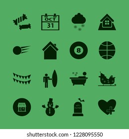 fun icon. fun vector icons set shop, party flags, favorites and sleigh with christmas tree gifts