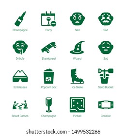 fun icons. Editable 16 fun icons. Included icons such as Champagne, Party, Sad, Dribble, Skateboard, Wizard, 3d glasses, Popcorn Box, Ice Skate, Sand bucket. fun trendy icons for web.